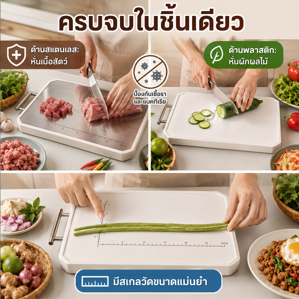 เขียงสแตนเลส304+PP เกรดอาหาร ใช้สองด้าน กันเชื้อรา รูปที่ 7