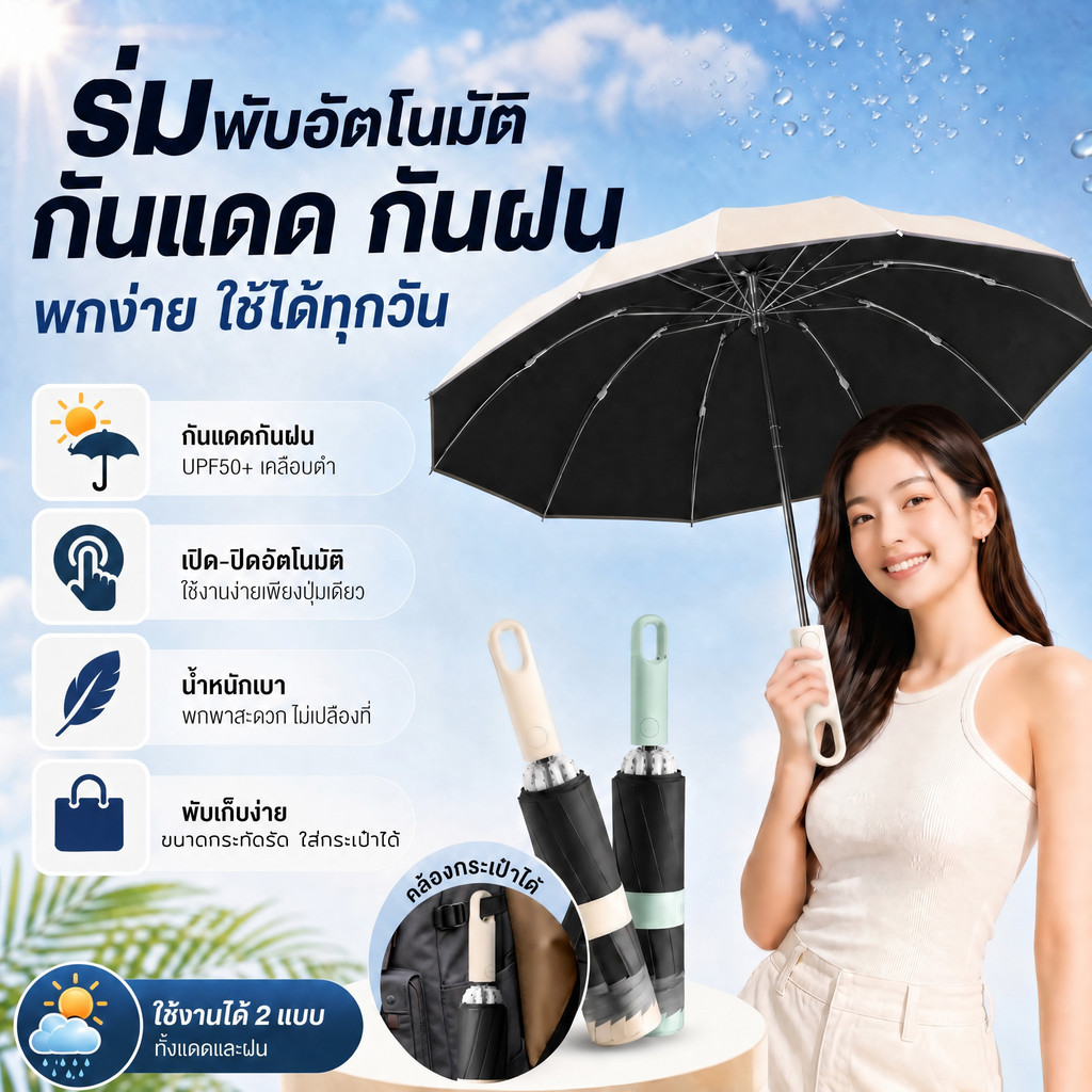 ร่มกลับด้านอัตโนมัติ กันแดดกันฝน UPF50+ ขอบสะท้อนแสง พับเก็บไม่เปียกรถ ร่มพับ 10 ซี่ ขนาด 106 ซม พร้อมด้ามห่วงพกพา สีสวย