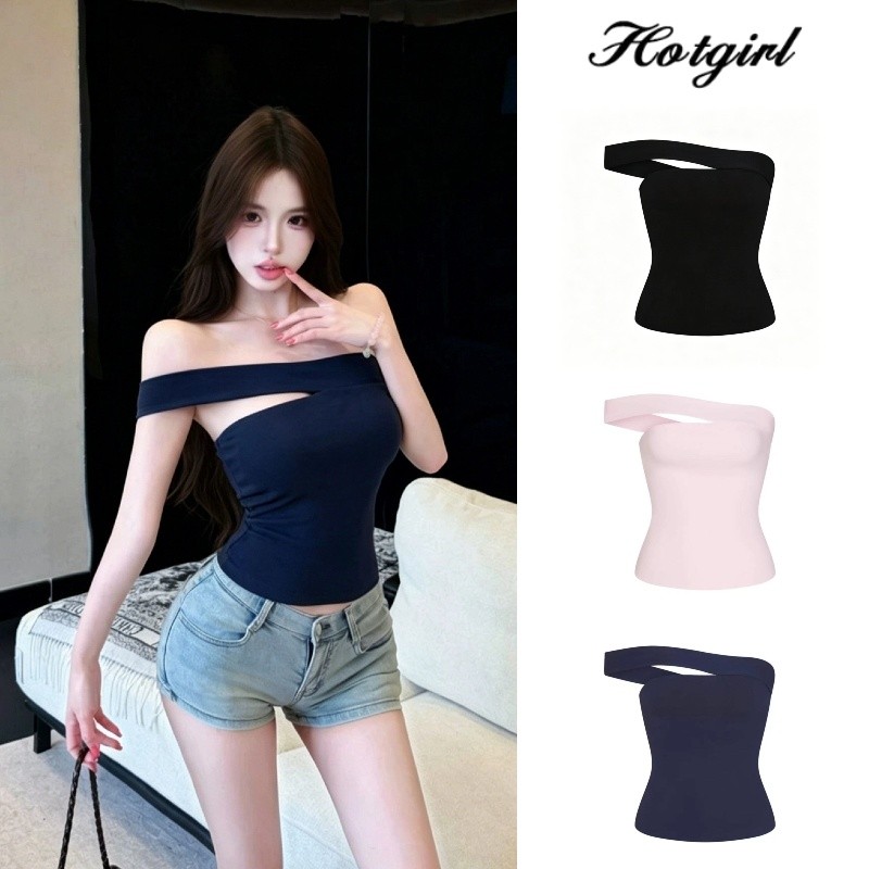 Hotgirl พร้อมส่ง เสื้อเกาะอกผู้หญิงสไตล์เกาหลีสุดเซ็กซี่  สีพื้น ดีไซน์ไหล่เดียว สไตล์สลิมฟิต