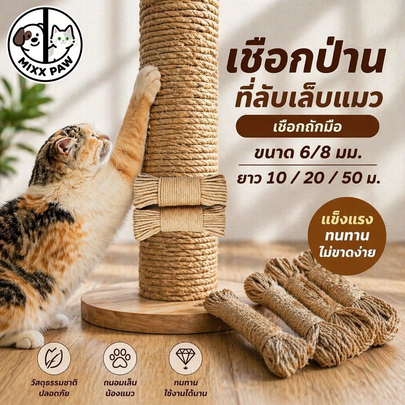 เชือกป่านลับเล็บแมว เชือกป่านศรนารายณ์ เชือกพันเสาแมว โครงปีนแมว diy ซ่อมคอนโดแมว 6mm 8mm