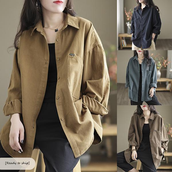 MIMI[สินค้าพร้อมส่ง]เสื้อเชิ้ตป้ายตัด,เสื้อเชิ้ตแขนยาวผ้าลูกฟูกสิ่งทอลายทแยงหลวมสวมใส่สบาย,ลำลองผู้หญิง,พลัสไซส์#99469