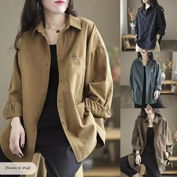 MIMI[สินค้าพร้อมส่ง]เสื้อเชิ้ตป้ายตัด,เสื้อเชิ้ตแขนยาวผ้าลูกฟูกสิ่งทอลายทแยงหลวมสวมใส่สบาย,ลำลองผู้หญิง,พลัสไซส์#99469
