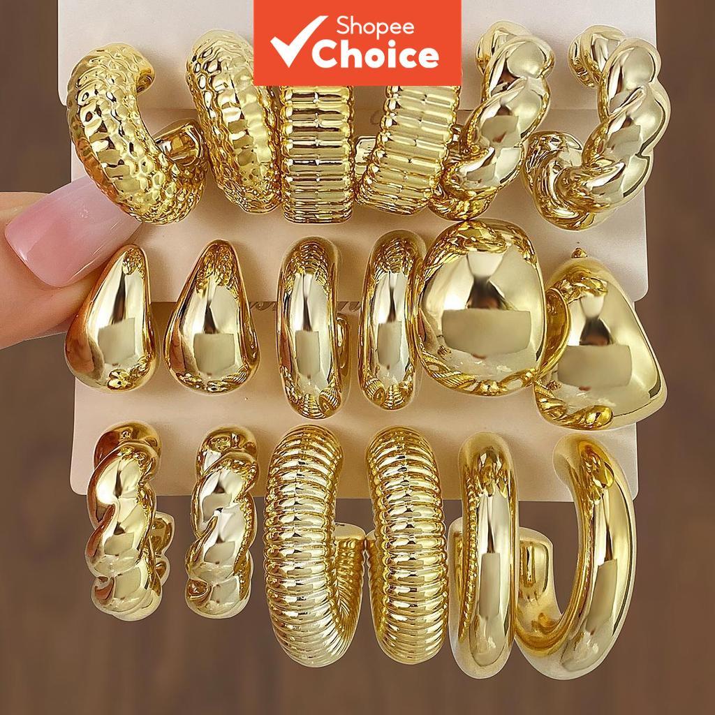 ต่างหูแฟชั่นผู้หญิงสไตล์ C-Shape แบบไม่สมมาตร ทําจากโลหะ 9 ชิ้น