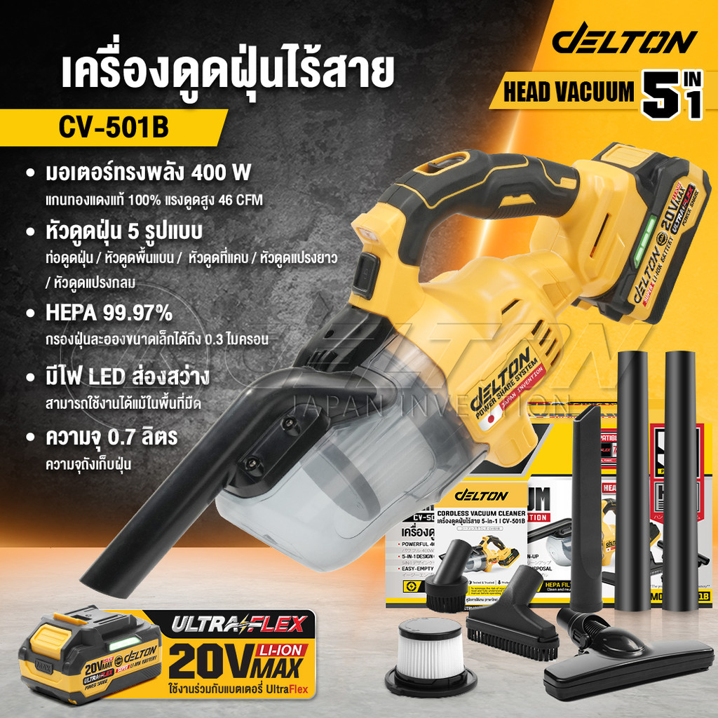 DELTON เครื่องดูดฝุ่นไร้สาย 0.7 ลิตร 400W รุ่น CV-501B ใช้งานร่วมกับแบตเตอรี่ DELTON UltraFlex และ TURBO FORCE