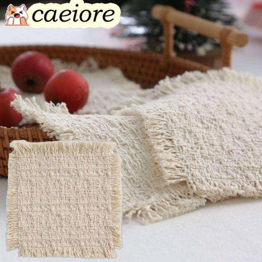 CAEIORE แผ่นรองจานผ้าฝ้าย, แผ่นรองจานตกแต่งผ้าฝ้ายทรงสี่เหลี่ยม, แผ่นรองโต๊ะแบบนุ่มสีเบจ