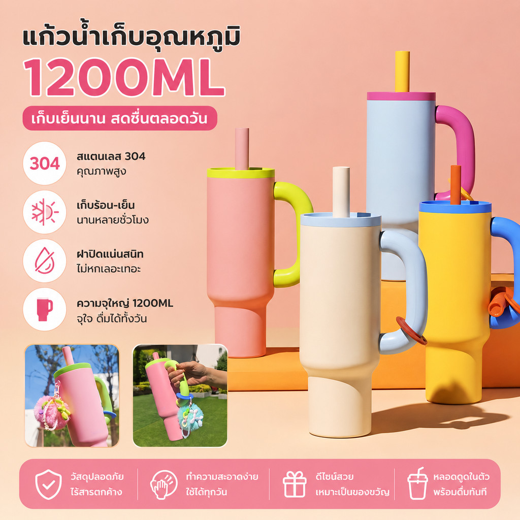 จัดส่งในกรุงเทพฯ ถ้วยฉนวนสำหรับฟาง 1200ML Chakolab Thailand 316 สแตนเลส ถ้วยเย็นแบบพกพ า ตัวเลือกสีมากมาย