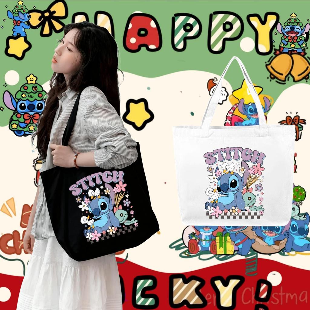กระเป๋าผ้าแคนวาสพิมพ์ลาย Christmas Stitch กระเป๋าผ้าแคนวาสสะพายไหล่แบบเรียบง่าย ความจุสูง  38*34*10cm