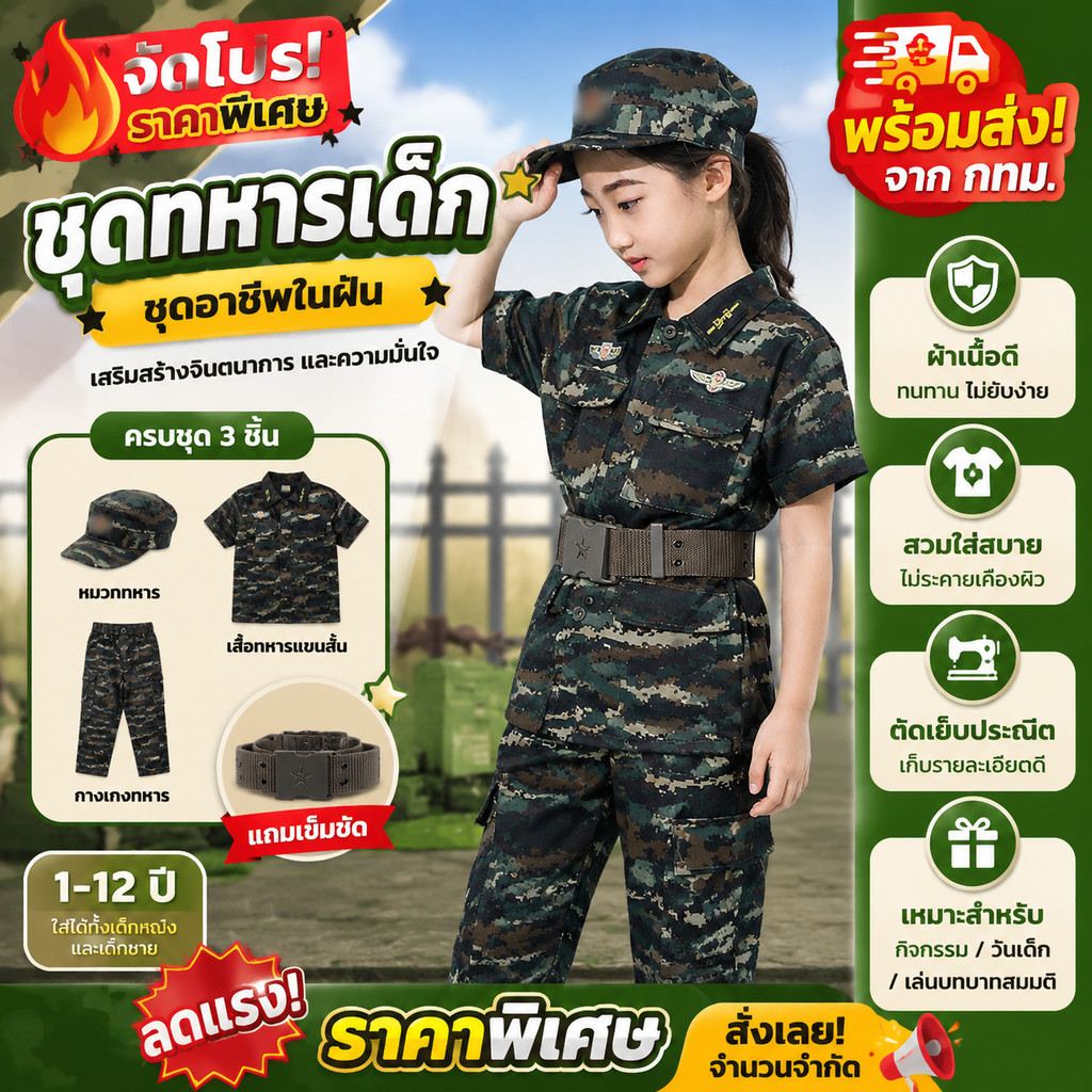 ชุดทหารเด็ก ชุดอาชีพในฝัน มีเสื้อ+กางเกง+หมวก+เข็มขัด เหมาะเด็ก 1-12 ปี คอสเพลย์สนุกครบชุด