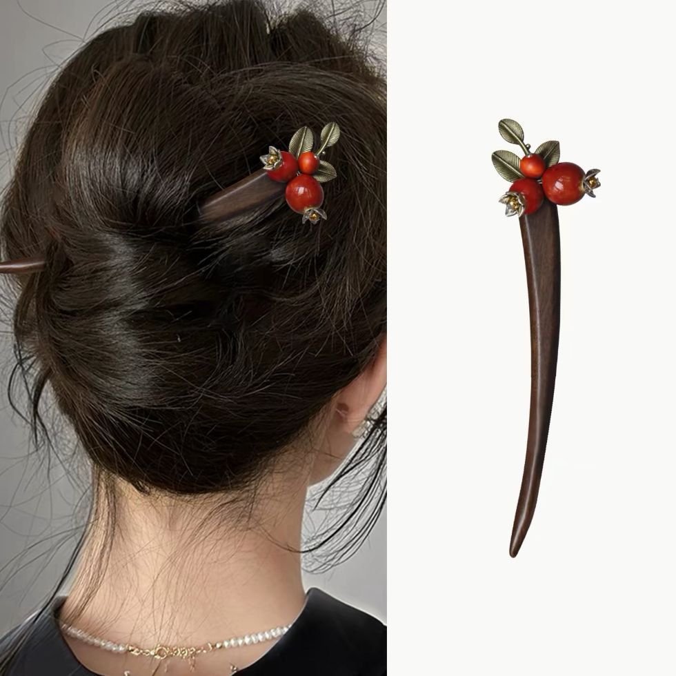 WHX-Hairpin {Hawthorn Tree} สไตล์โมริวรรณกรรมผลไม้สีแดงไม้จันทน์อุปกรณ์เสริมผม Pastoral บรรยากาศ All-Match Design กิ๊บสั้น