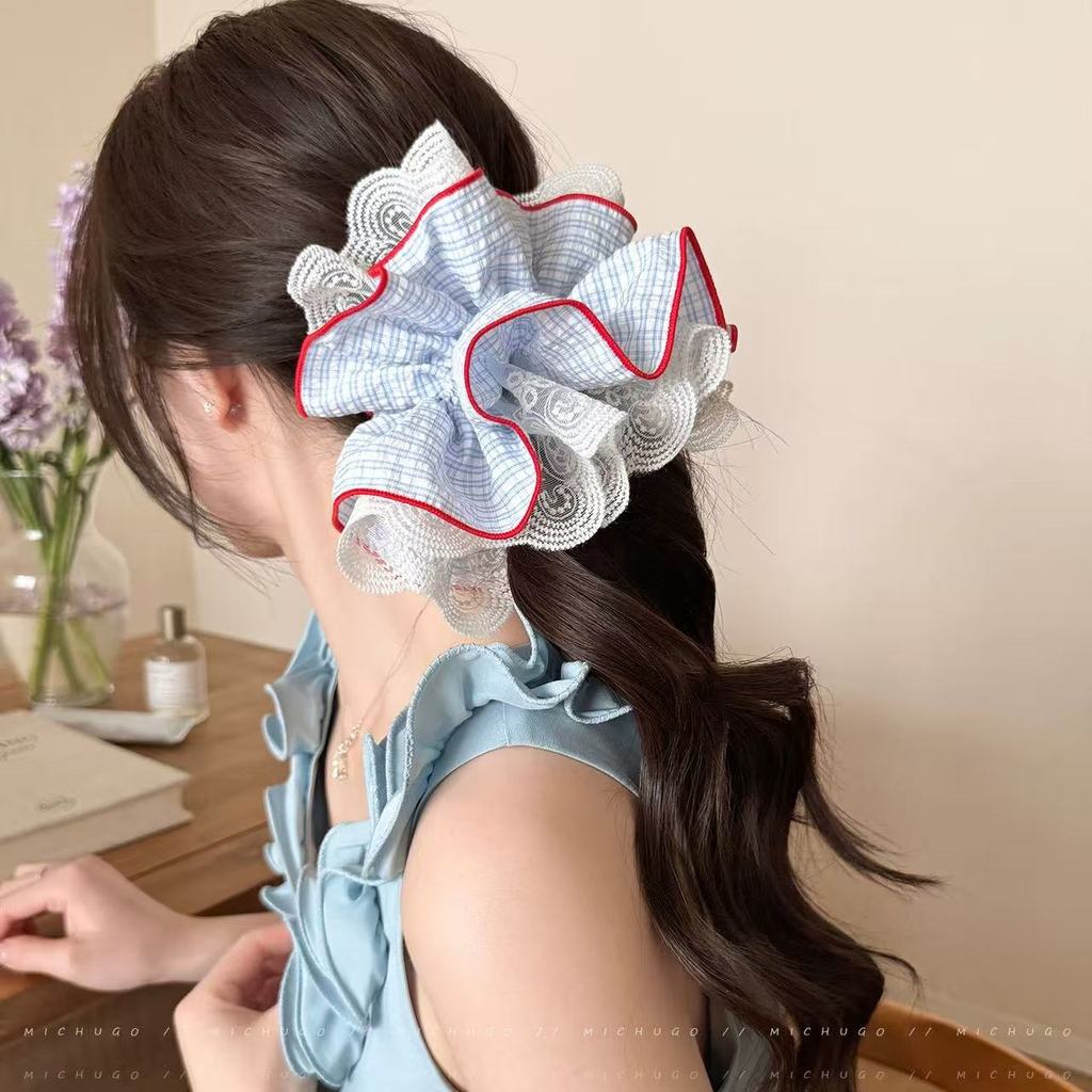 ยางรัดผมสี่ชิ้นลูกไม้สีชมพูและสีฟ้าสไตล์เกาหลีผูกผมหางม้ายืดหยุ่นสูงเครื่องประดับผมหวานและ ของผู้หญิง
