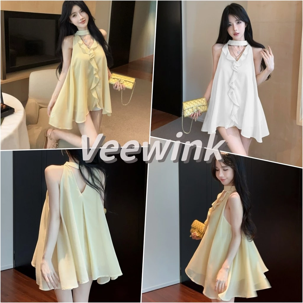 Veewink เสื้อชีฟองสีเหลืองคอวี ระบาย ผ้าพันคอผูกโบว์ สไตล์เกาหลีมินิมอล ใส่แล้วเรียว สาวหวาน
