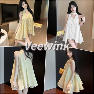 Veewink เสื้อชีฟองสีเหลืองคอวี ระบาย ผ้าพันคอผูกโบว์ สไตล์เกาหลีมินิมอล ใส่แล้วเรียว สาวหวาน