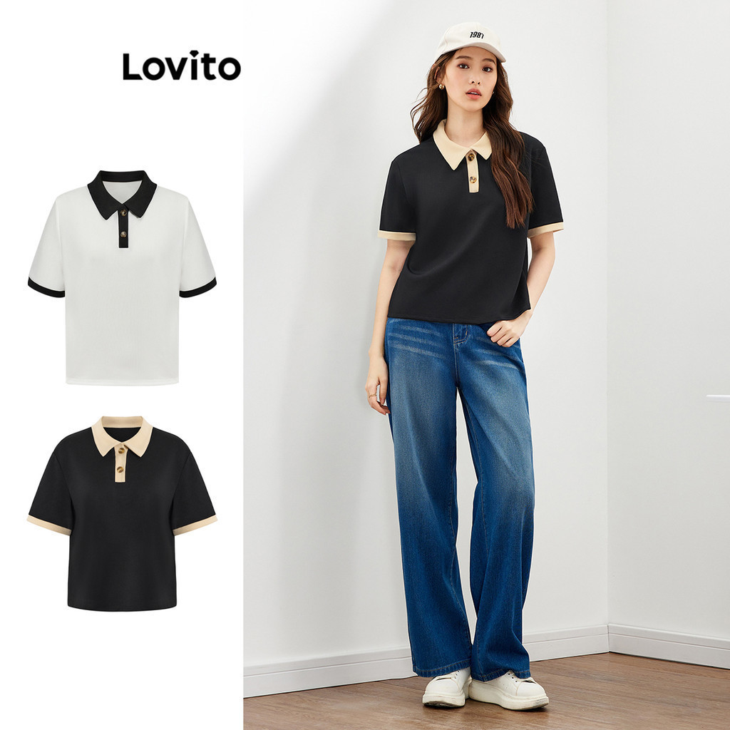Lovito เสื้อยืดลําลองเสื้อยืดแขนสั้นปุ่ม บล็อกสี ธรรมดาสําหรับผู้หญิง L47ED014 (สีดํา)