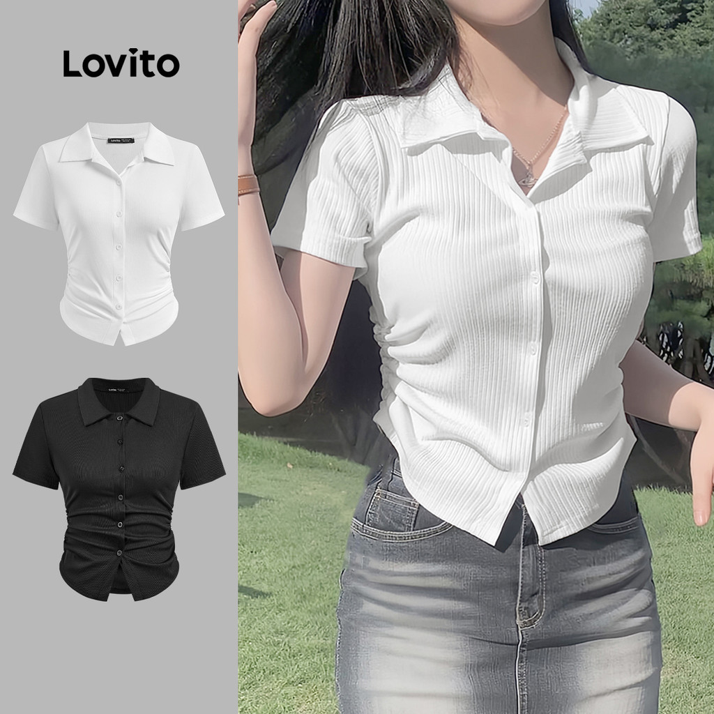 Lovito เสื้อเชิ้ตลำลองแบบมีกระดุมและจีบ สำหรับฤดูร้อน/ฤดูใบไม้ผลิ สำหรับผู้หญิง L128ED445