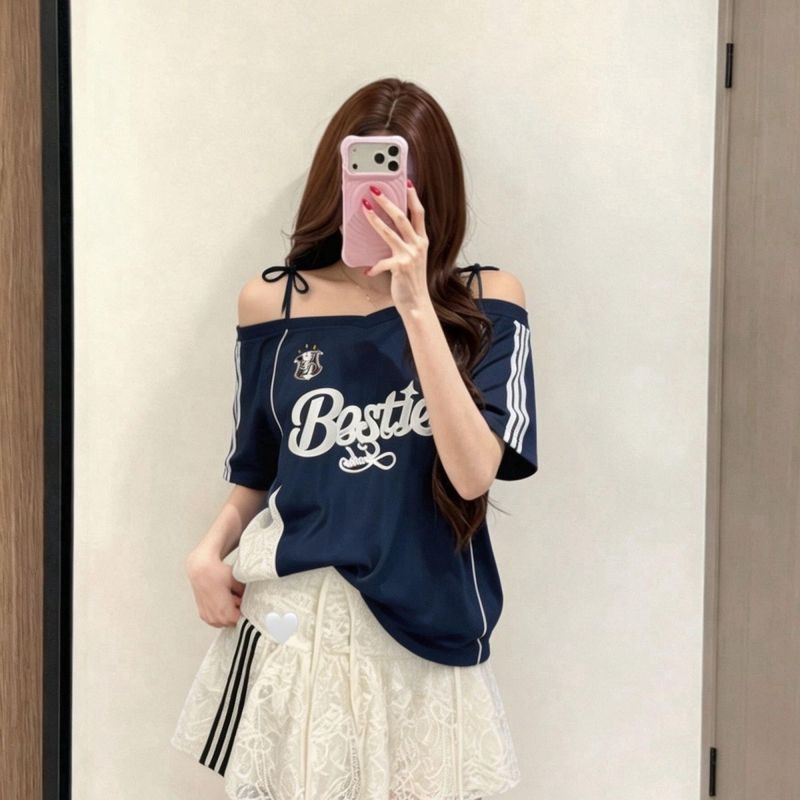 Song Yuqi Same Style Camisole Jersey Style T-Shirt 2026 Summer Women Strapless Short-Sleeved Top KU4