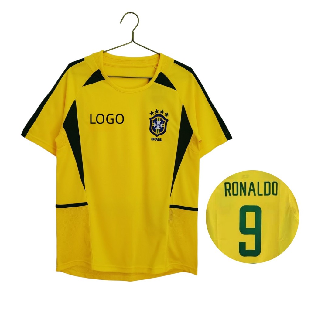 2002 Brazil Home Retro Edition เสื้อฟุตบอลแขนสั้นผู้ชายเสื้อยืด  #9 โรนาโลโด