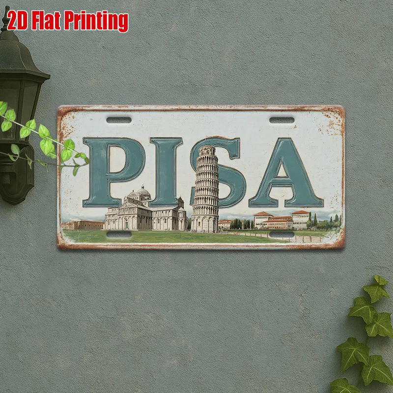 2pcs Italy Pisa Leaning Tower 2D Flat Printing License Plate Style Metal Tin Sign, Iconic Italian Ci