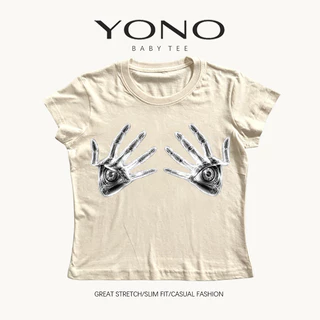 (พร้อมส่ง24ชม.) baby tee สีชมพู ลายมือดวงตาอาร์ต y2k สายดาร์ก ทรงเข้ารูป ใส่เท่เด่นไม่ซ้ำ