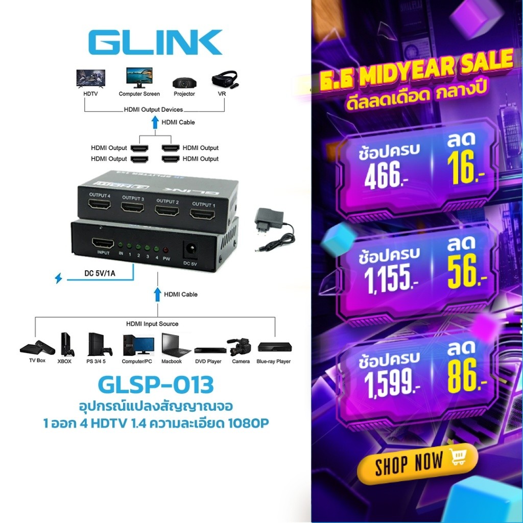 Glink GLSP-013 Splitter อุปกรณ์แปลงสัญญาณจอ 1 ออก 4 HDMI 1.4 1080P