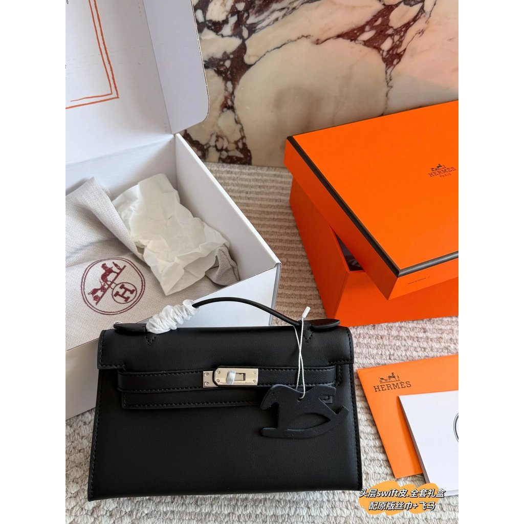 H Majia กระเป๋าหญิง Mini Kelly รุ่น 22 หัวเข็มขัดเงิน Swift Cowhide Mini Kelly กระเป๋ากระเป๋าถือหมูจ