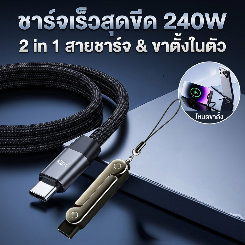 สายชาร์จ 240W Type C To C สายชาร์จไทป์ซี สายชาร์จเร็ว สายชาร์ต ชาร์จด่วนพิเศษ หัวงอ 90องศา สายถัก มีขาตั้งพับได้