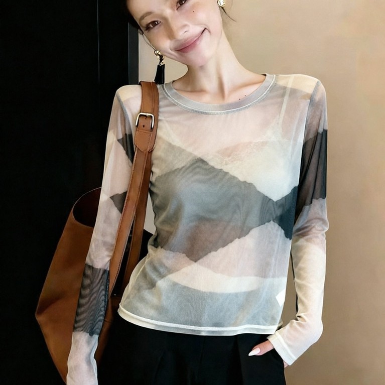 Retro เวอร์ชั่นเกาหลี Tie-Dye แขนยาวแบบครีม เสื้อยืดรอบคอนุ่มๆ