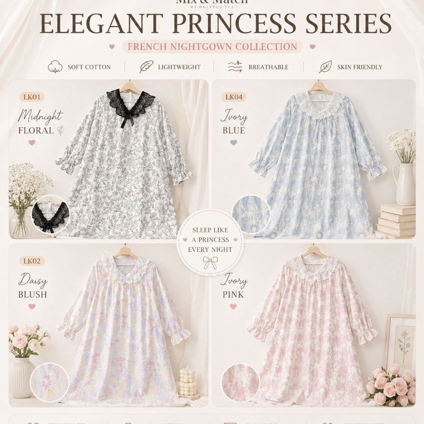 FRENCH NIGHTGOWN - DRESS PYJAMAS พร้อมผ้าฝ้ายเนื้อนุ่ม