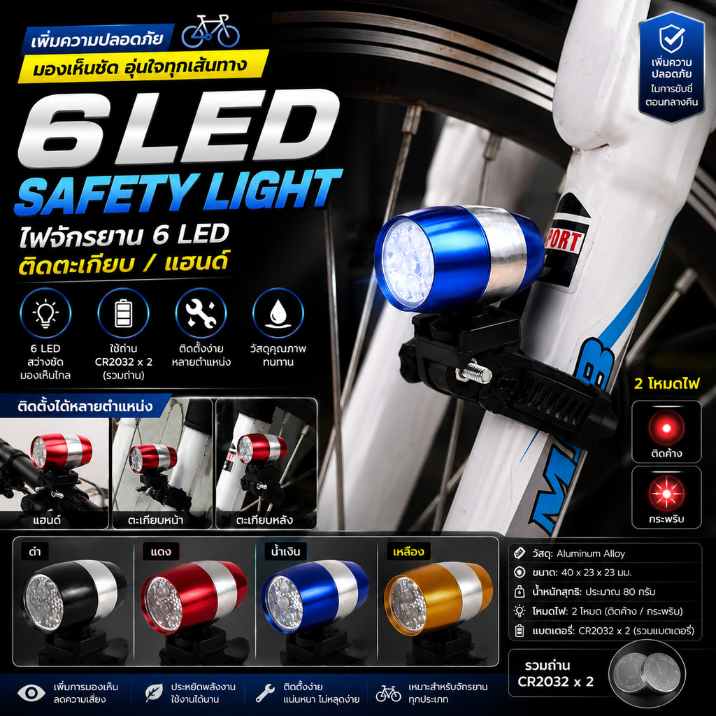 ไฟจักรยาน 6 LED Safety Light (ติดตะเกียบ/แฮนด์) พร้อมถ่าน CR2032