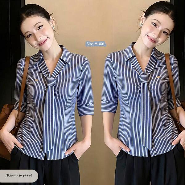 เสื้อเชิ้ตแขนสั้นลายสก็อตสีฟ้าขาวผูกโบว์สำหรับผู้หญิง เสื้อท็อปหรูหราสำหรับฤดูร้อน สไตล์เกาหลีสำหรับใส่ทำงาน#w734