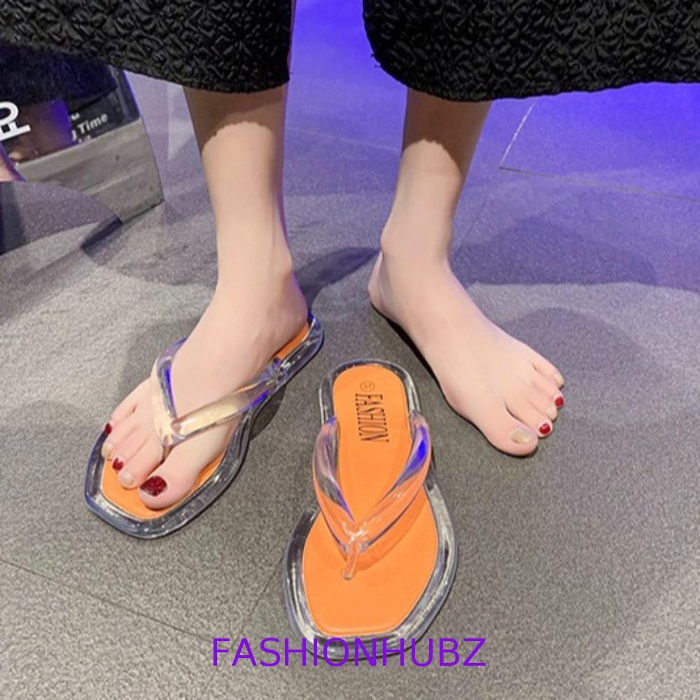 FASHIONHUBZ Flip Flops รองเท้าแตะ,โปร่งใส PVC Flats รองเท้า,All Match Beachwear Anti Slip Summer Pla