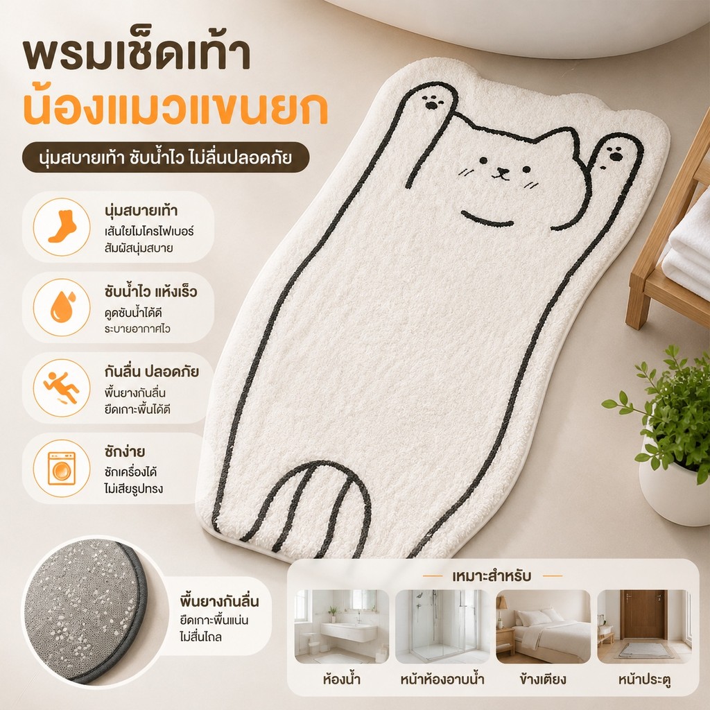 🐾 พรมเช็ดเท้ามินิมอล ลายการ์ตูนสัตว์เลี้ยงสุดน่ารัก หลายแบบ (สุนัขและแมว) ขนาด 40x60 ซม.​ 🏠A00281