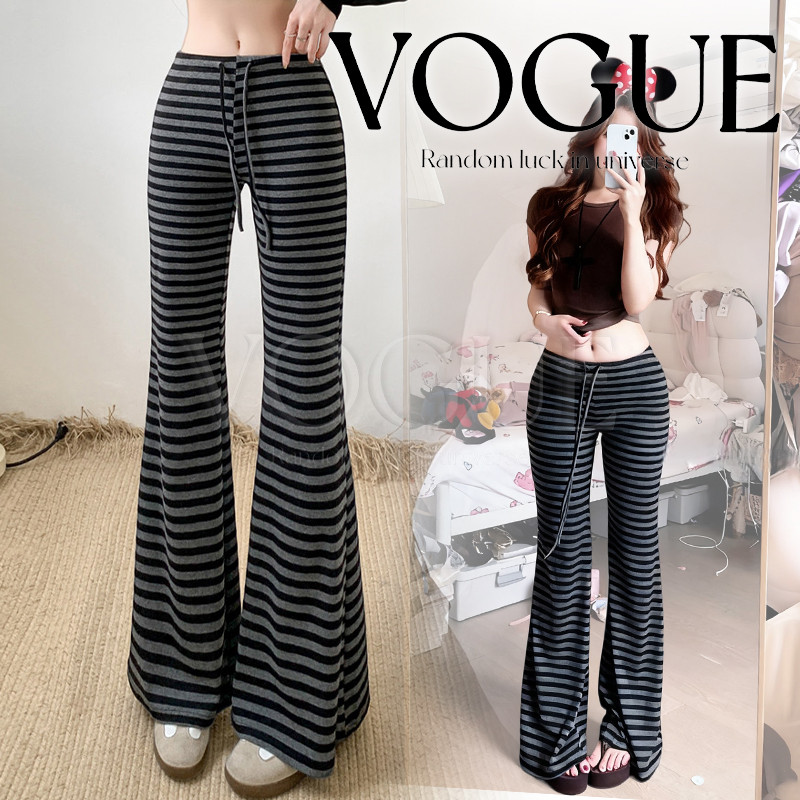 Vogue🌟พร้อมส่ง🌟 กางเกงผ้าไหมพรมนุ่ม เอวยืดมีเชือกผูกขาบานเล็ก ลายทางใส่สบาย (NZ123)