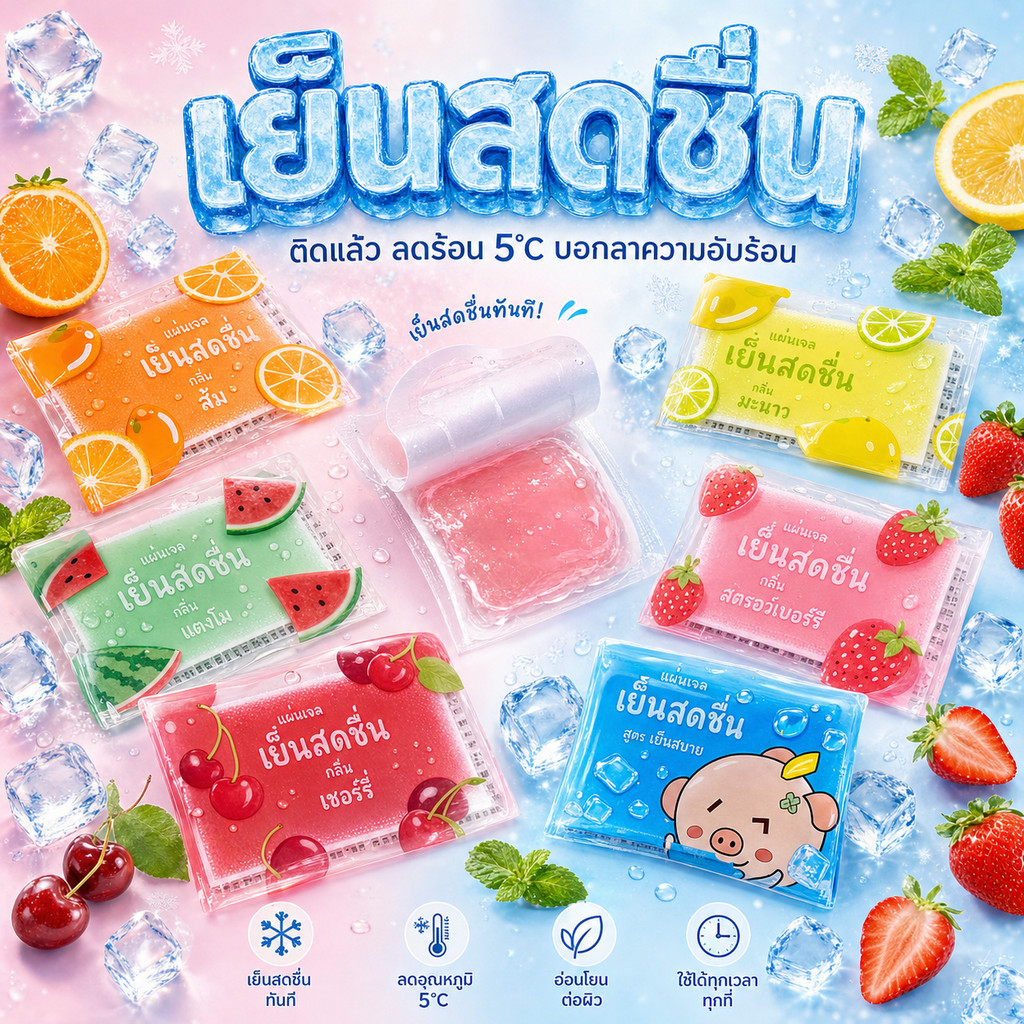 ขายร้อน แผ่นเจลเย็น แผ่นเจลลดไข้ เจลเย็น 1 ซอง มี 2 แผ่น ช่วยคลายความร้อนจากร่างกาย ลายผลไม้ น่ารัก