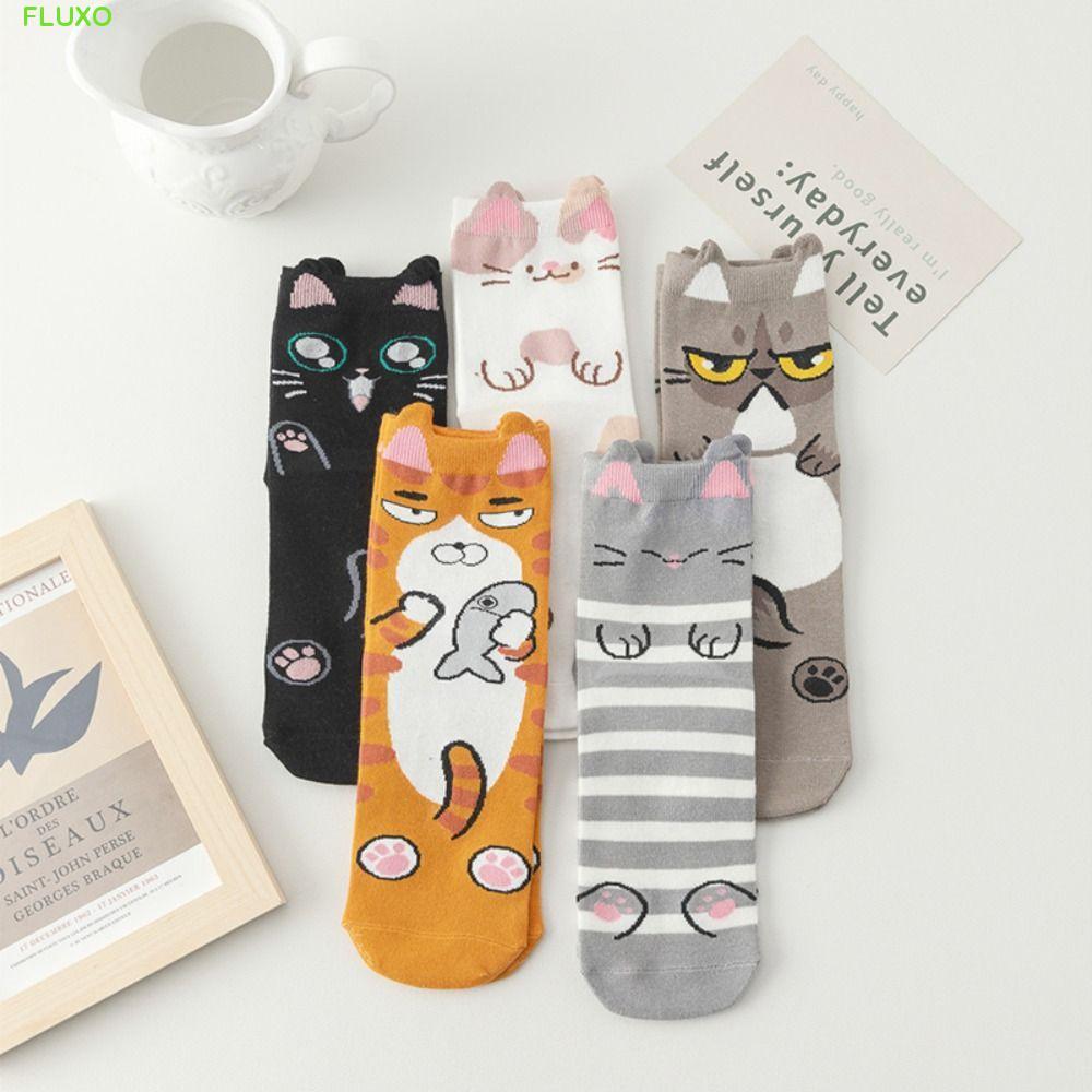 FLUXO ถุงเท้าผ้าฝ้ายลายสัตว์ฮาราจูกุ สไตล์เกาหลีตลก หลอดกลาง ลายการ์ตูนสําหรับนักเรียน