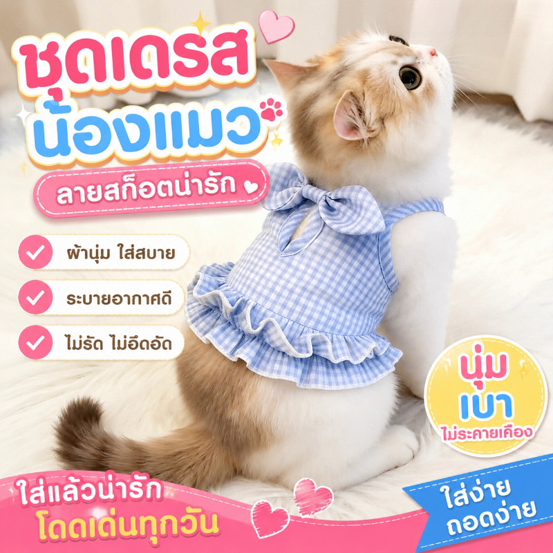 ชุดแมวน่ารัก เสื้อสุนัขพันธ์ุเล็ก เสื้อแมวน่ารัก เสื้อผ้าสัตว์เลี้ยงเย็น กระโปรงลายตาราง ผ้าระบายอากาศได้ดี