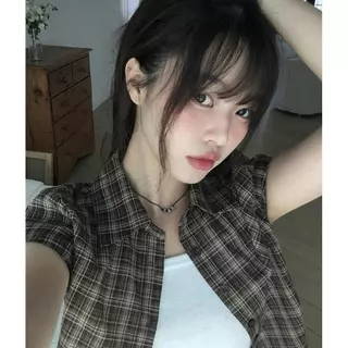 Black#เสื้อเชิ้ตแขนสั้นลายสก็อตแบบผูกเชือกสไตล์เกาหลีสำหรับฤดูร้อน สวมใส่ได้หลากหลายโอกาส สำหรับผู้หญิง รุ่นw725