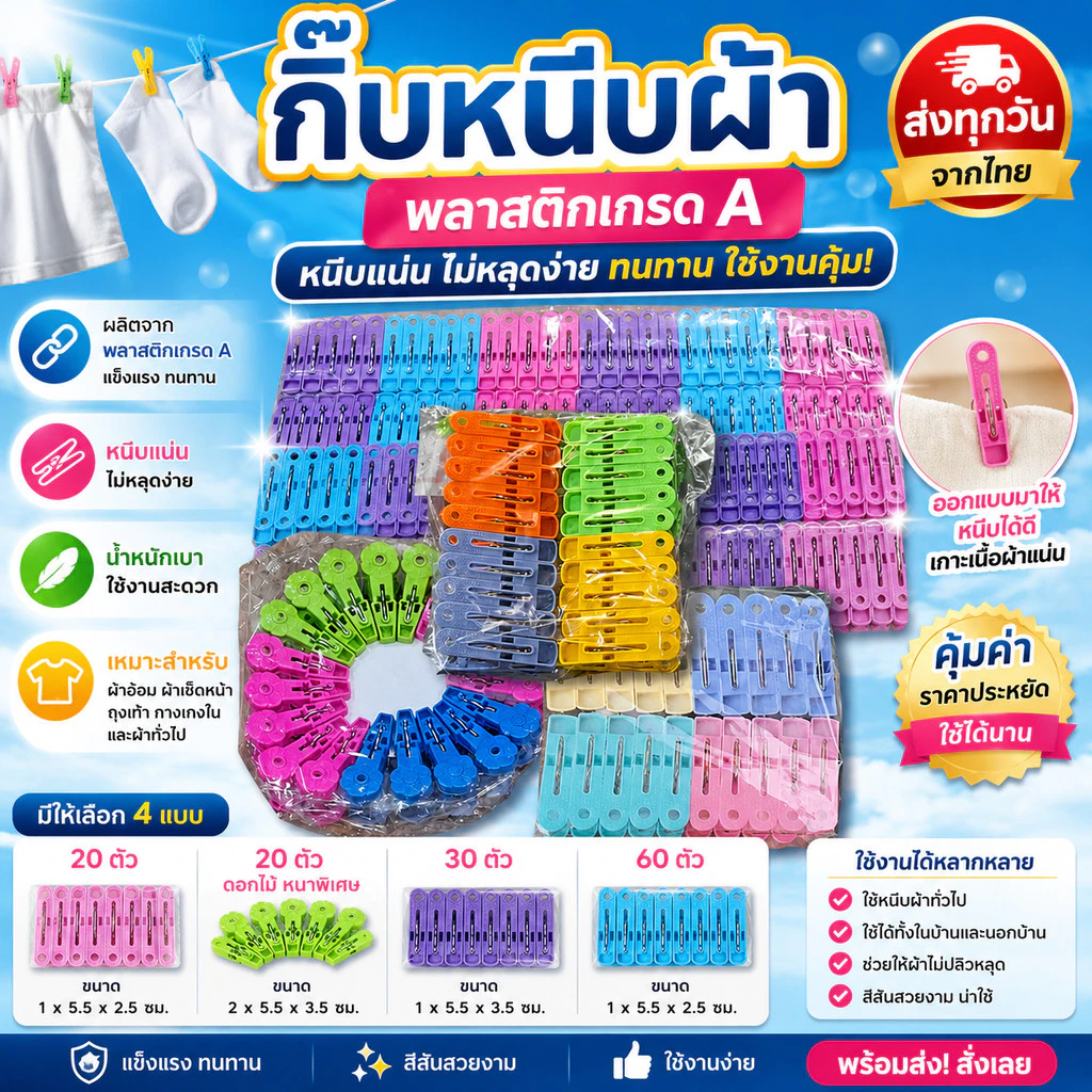 กิ๊บหนีบผ้าเกรด A 20/30/60 ชิ้น ตัวหนีบผ้าพลาสติก แข็งแรง หนีบแน่น น้ำหนักเบา ใช้งานคุ้มค่า