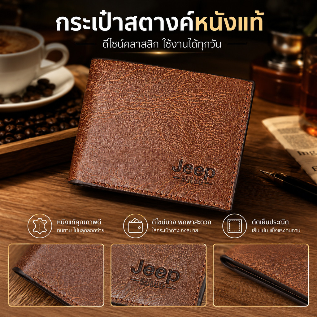 กระเป๋าสตางค์สั้นสำหรับผู้ชาย JEEP ทำจากหนัง PU กันน้ำ สามารถใช้ใส่บัตรและเหรียญได้