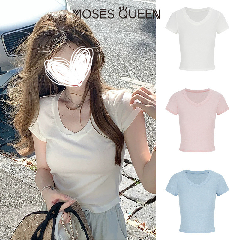 MOSESQUEEN ความเมตตาควีน เสื้อยืดแขนสั้นเปิดด้านหน้าสําหรับผู้หญิงเหมาะกับฤดูร้อนชั้นบนฐานเข้ารูปเสื้อเบลาส์สาวอินเทรนด์ #63805