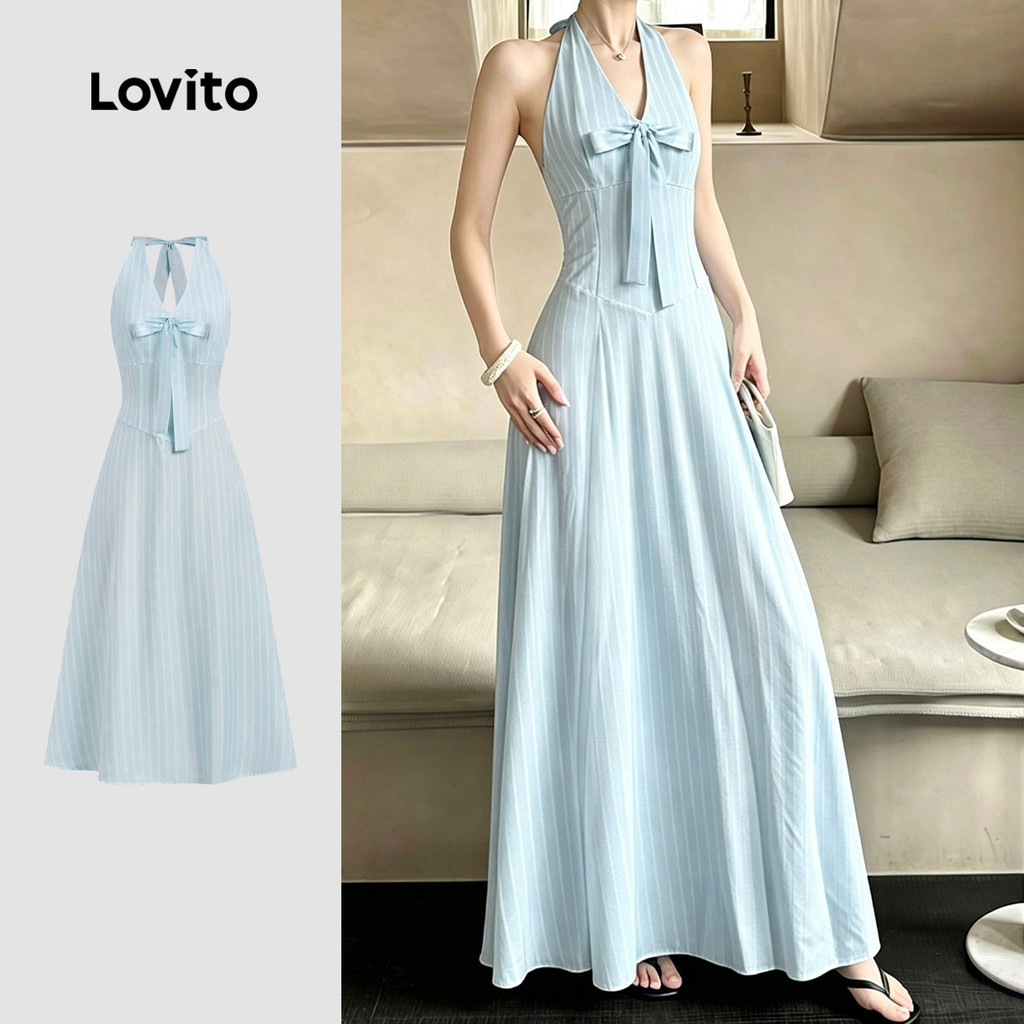 Lovito เดรสลำลองเซ็กซี่ คอผูกด้านหน้า เดรสเปิดหลังสีฟ้าสำหรับผู้หญิง เหมาะสำหรับฤดูใบไม้ผลิ/ฤดูร้อน L179AD336