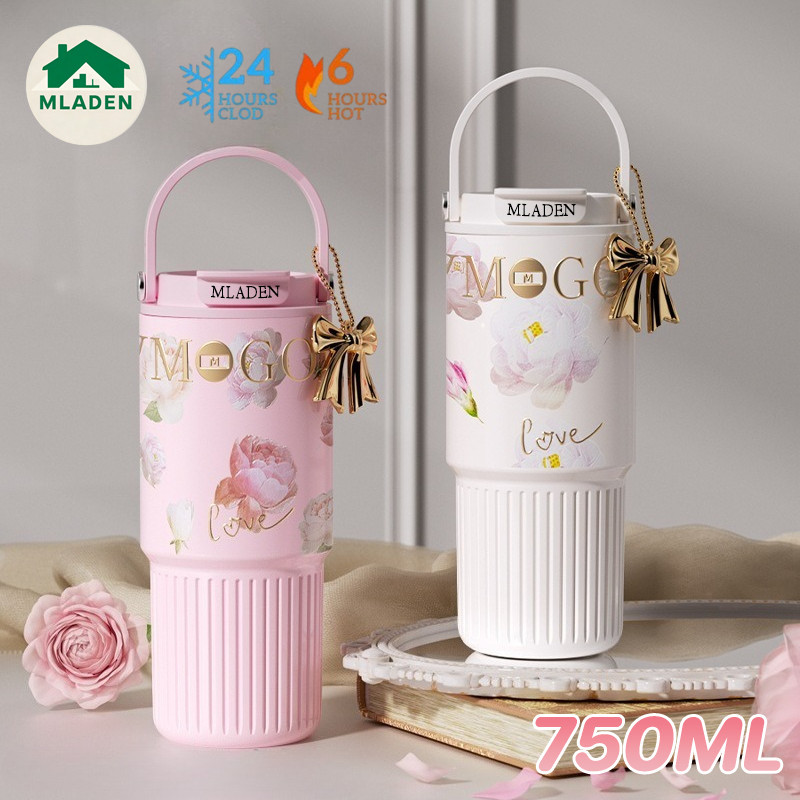 MLADEN ถ้วยฉนวนหุ้มเซรามิค 750ML ด้วยหลอด ดอกไม้ดอกไม้พิมพ์ 316 สแตนเลสเป็นตัวเลือก แก้วเก็บความเย็น