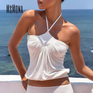 MsMona ผู้หญิง 2026 ใหม่สีทึบ Causal Street แฟชั่น Halter เสื้อกล้าม Camisole + กางเกงขาสั้นชุด