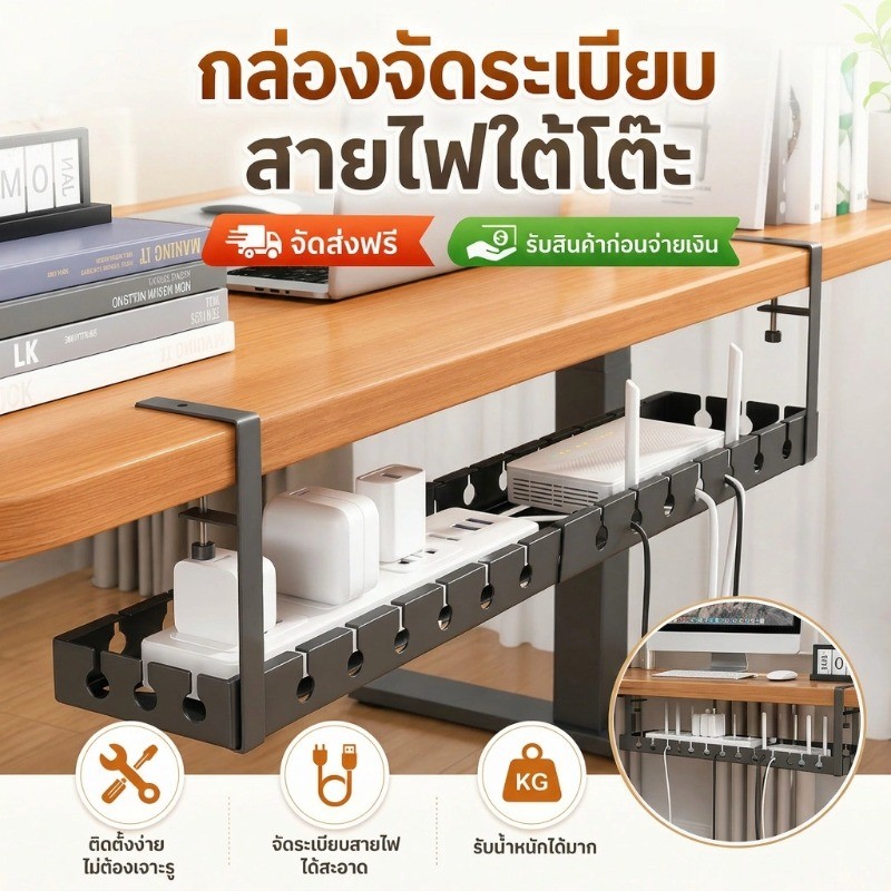 ที่เก็บสายไฟใต้โต๊ะ 43-74cm ทนทานและแข็งแรง ไม่ต้องเจาะ ติดตั้งง่าย การจัดเก็บเดสก์ท็อป ที่เก็บสายไฟ