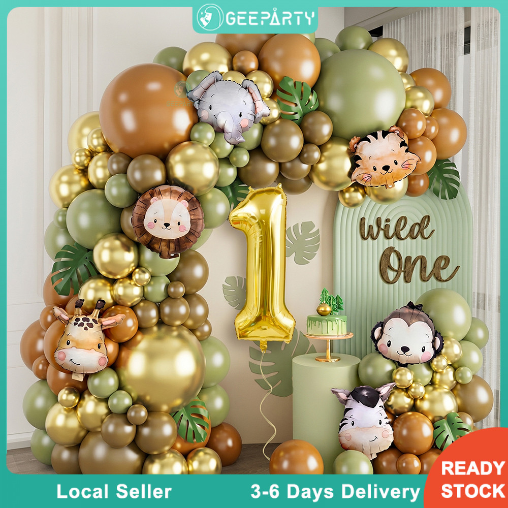 GeeParty ชุดแกลอรี่บอลลูน 128 ชิ้น สีเขียว พร้อมบอลลูนฟอยล์ตัวเลขและสัตว์ป่า สำหรับตกแต่งงานวันเกิดธีมซาฟารี ปาร์ตี้