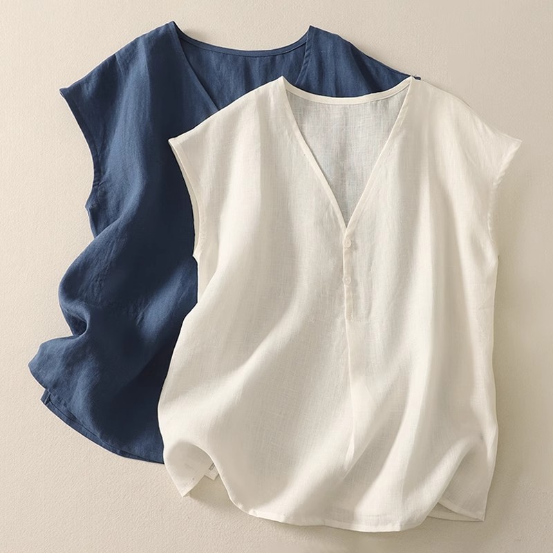 CP ผ้าฝ้ายผ้าลินินเสื้อกั๊กสุภาพสตรีด้านบนฤดูร้อนบาง Casual Classy เสื้อคอวีหลวม Slimmer ดูแขนกุด