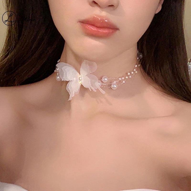 LUImo ผีเสื้อสีขาว Pearl Choker Nelace สําหรับผู้หญิงหวานเลียนแบบ Pearl Clavicle Chain Ne Ne Nelace เครื่องประดับงานแต่งงานของขวัญใหม่