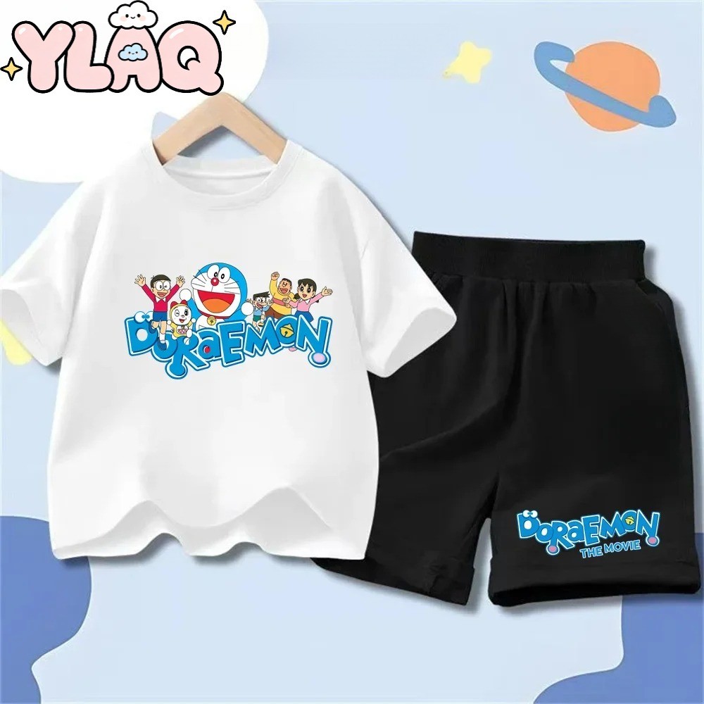 ชุดเด็กโดราเอมอน 2 ชิ้น หน้าร้อน เสื้อยืดน่ารัก+ขาสั้นกีฬา ใส่สบาย ของขวัญวันเกิด