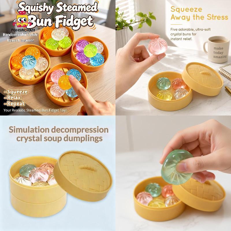 FG 5 ชิ้น Mini เกี๊ยว Steamer Bun Squeezable ของเล่นชุดนุ่มความเครียดบรรเทาคริสตัล Squishy Fidget Sensory ของเล่น Party Favors ของขวัญ HS