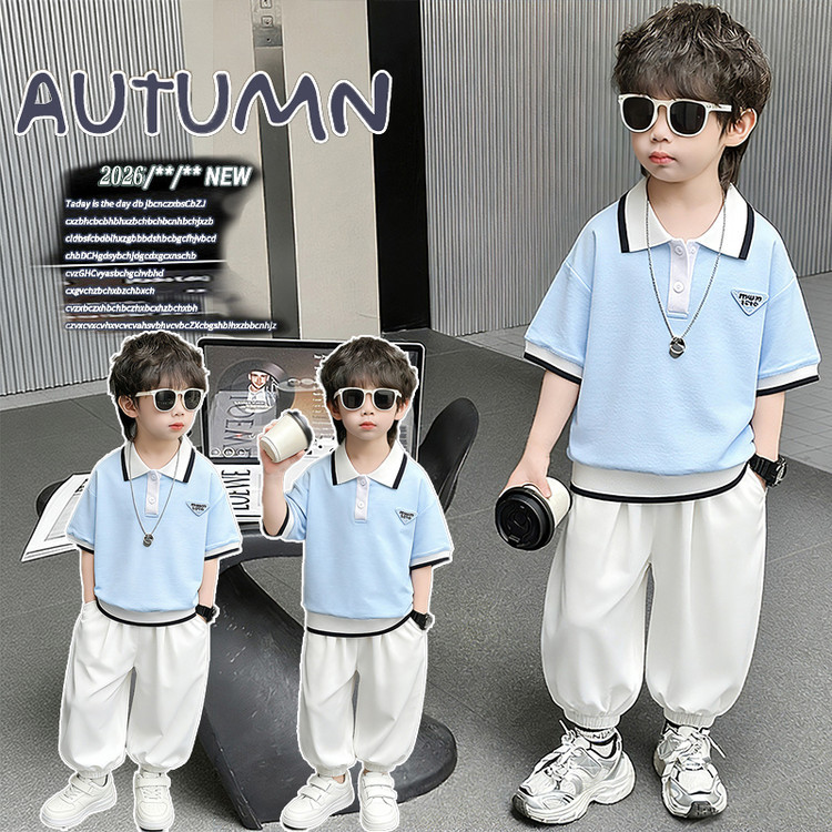 2 ชิ้น/เซ็ต, ชุดกีฬาลําลองสําหรับเด็กผู้ชาย, ชุดเสื้อโปโลโลโก้สามเหลี่ยมสีฟ้า, เหมาะสําหรับเด็กอายุ 0-12, เหมาะสําหรับนักเรียนชั้นประถมศึกษาปีแรก, ชุดเ