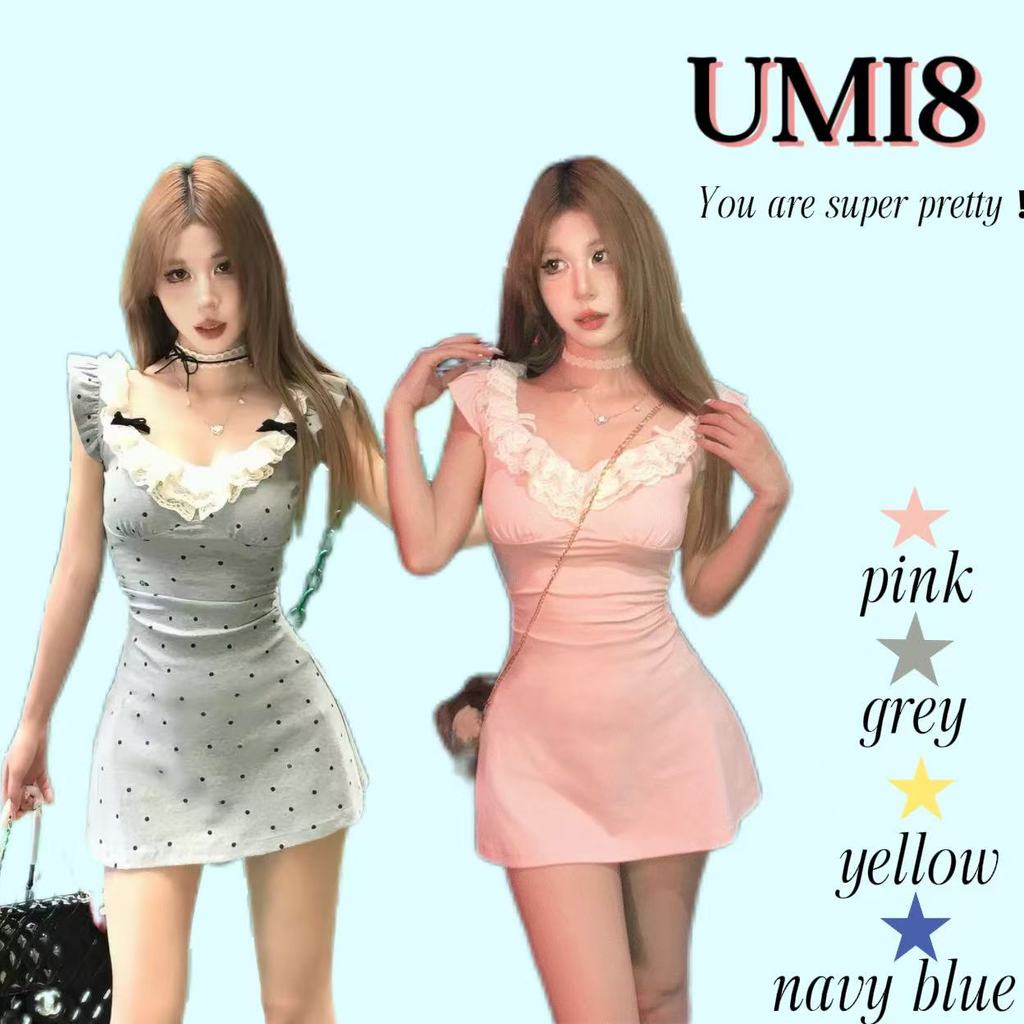 UMI8💝【ในสต็อก】💝 เดรสสั้นสีเหลืองอ่อน เดรสฤดูร้อนสวยงามสำหรับผู้หญิง ทรงเข้ารูปช่วงเอวและสะโพก กระโปรงสั้นทรงเอไลน์